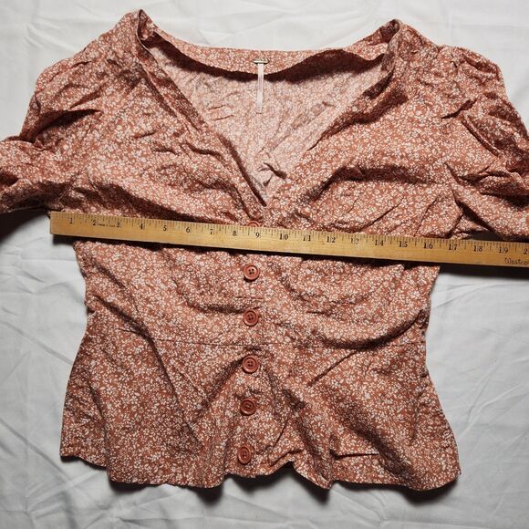 Free People Womens Medium Sienna Floral Blouse Tie Sleeves Orange Boho - Picture 7 of 12